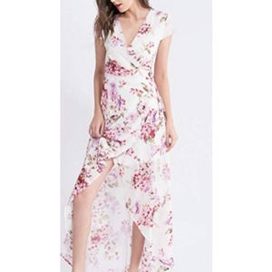 Wink Gal White‎ Pink Floral Wrap Dress Romantic Wedding Summer Small